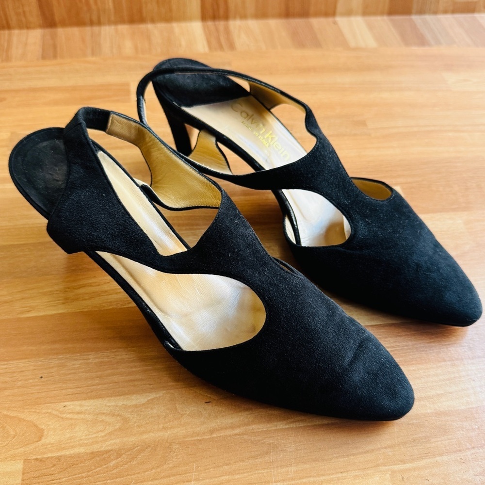 Calvin Klein black suede strapped pointy toe mules size 6